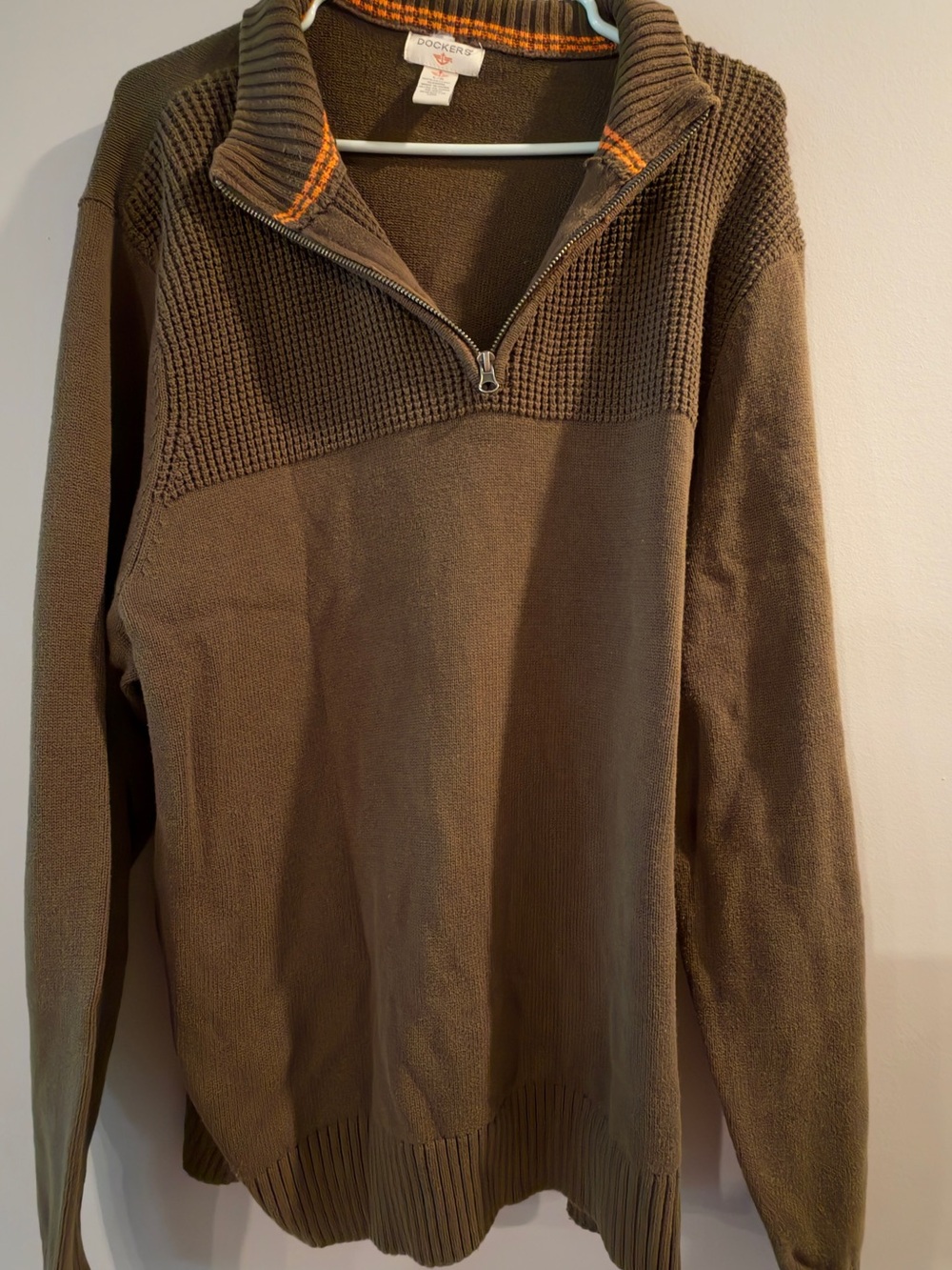 Dockers Men's Olive Green Half-Zip Sweater with Orange Trim